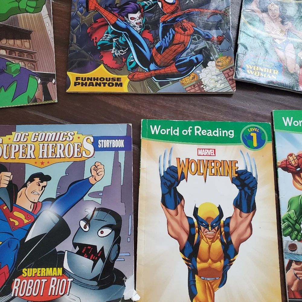8 superhero books level 1 and 2 reading 2 are a bit more worn